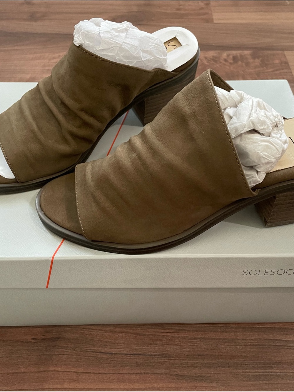 Sole Society Olive Brown Open-Toe Block Heel Mules